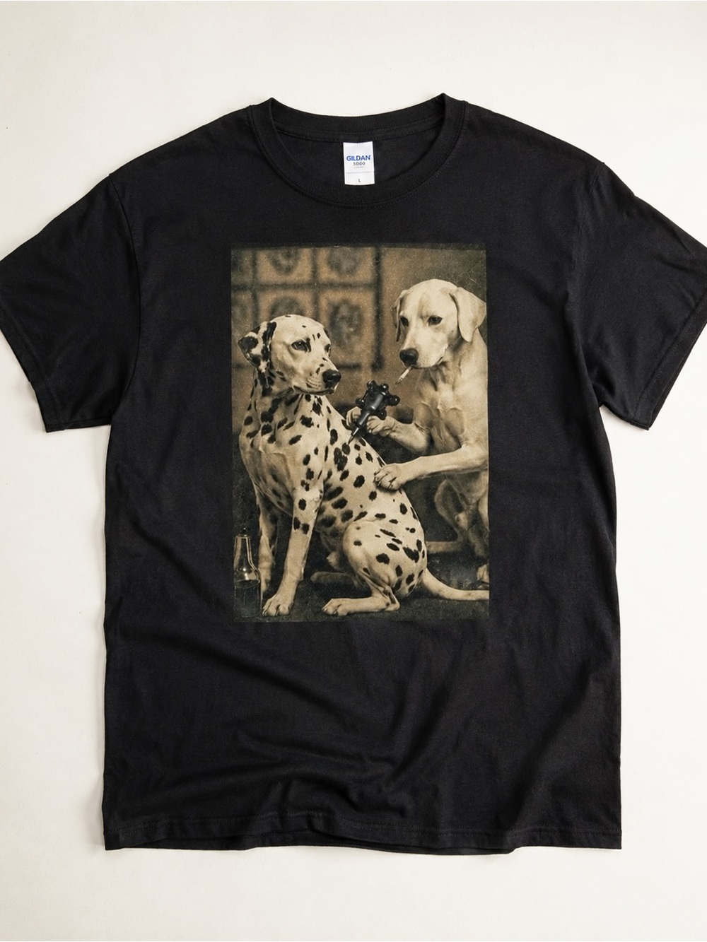 Gildan Black Tee with Dalmatian & Labrador Vintage Dog Print